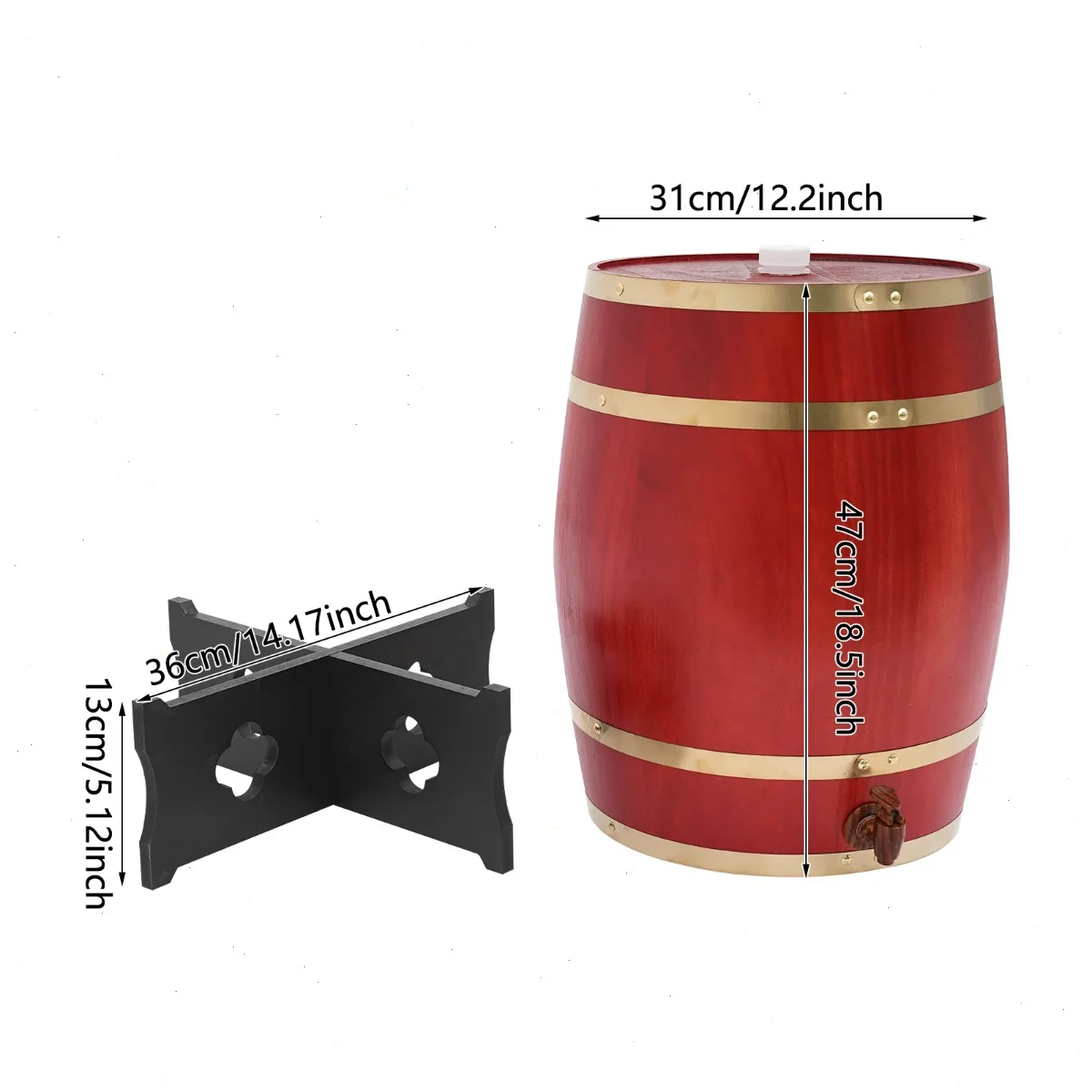 30L/7.93Gal Wooden Wine Barrel, Wooden Barrel, Wine Barrel, Pine Upright Cask with Metal Stand and Tap, Decorative, Sealed, Vintage Wine Whiskey Storage, Leakproof Bar Tool