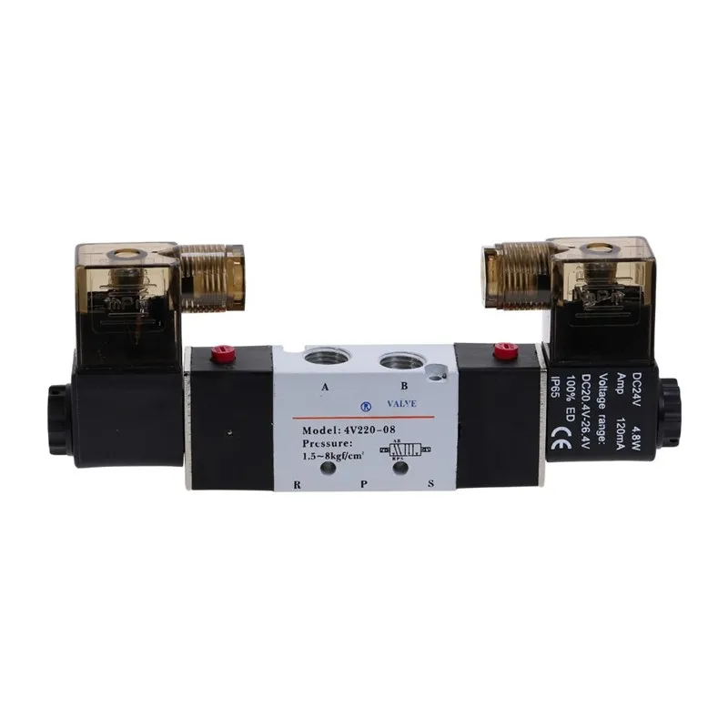 

4V220-08 Air Pneumatic Solenoid Valve 5 way 2 Position 1/4" Aluminum Alloy Internal E 12VDC 24VDC 110VAC 220VAC 0.15-0.8Mpa