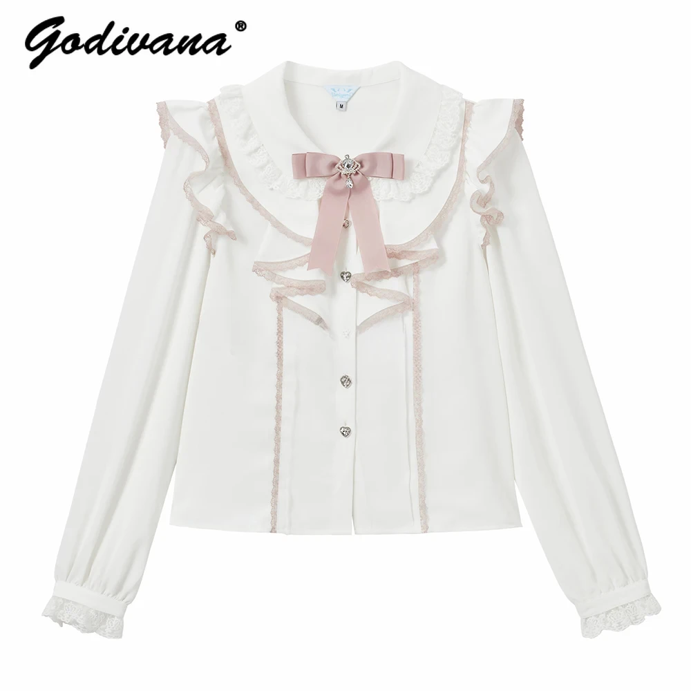 Original Lolita Long Sleeve Shirt Women's Sweet Lace Splicing Japanese Mine Series Cute Bow White Blouse Shirt Autumn Girls Top