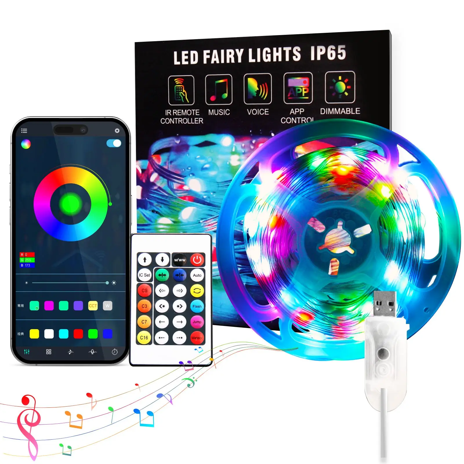 

LED Strip Light USB WIFI Bluetooth APP Control Color Changing RGB Smart Fairy Light with IR 2.4G Remote Room Decoration Party