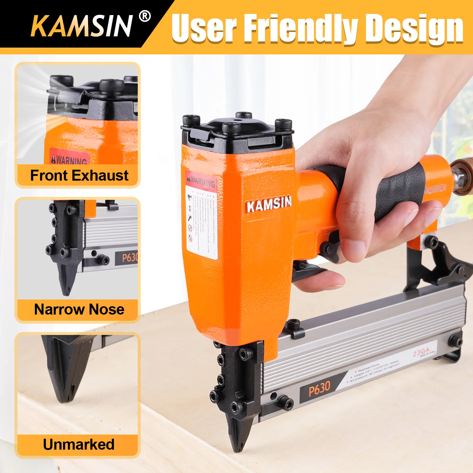 KAMSIN P630 23 Gauge Pneumatic Compact Headless Micro Pin Nailer Gun, Fits 10-30mm Leg Length Nails, for Cabinets, Woodworking