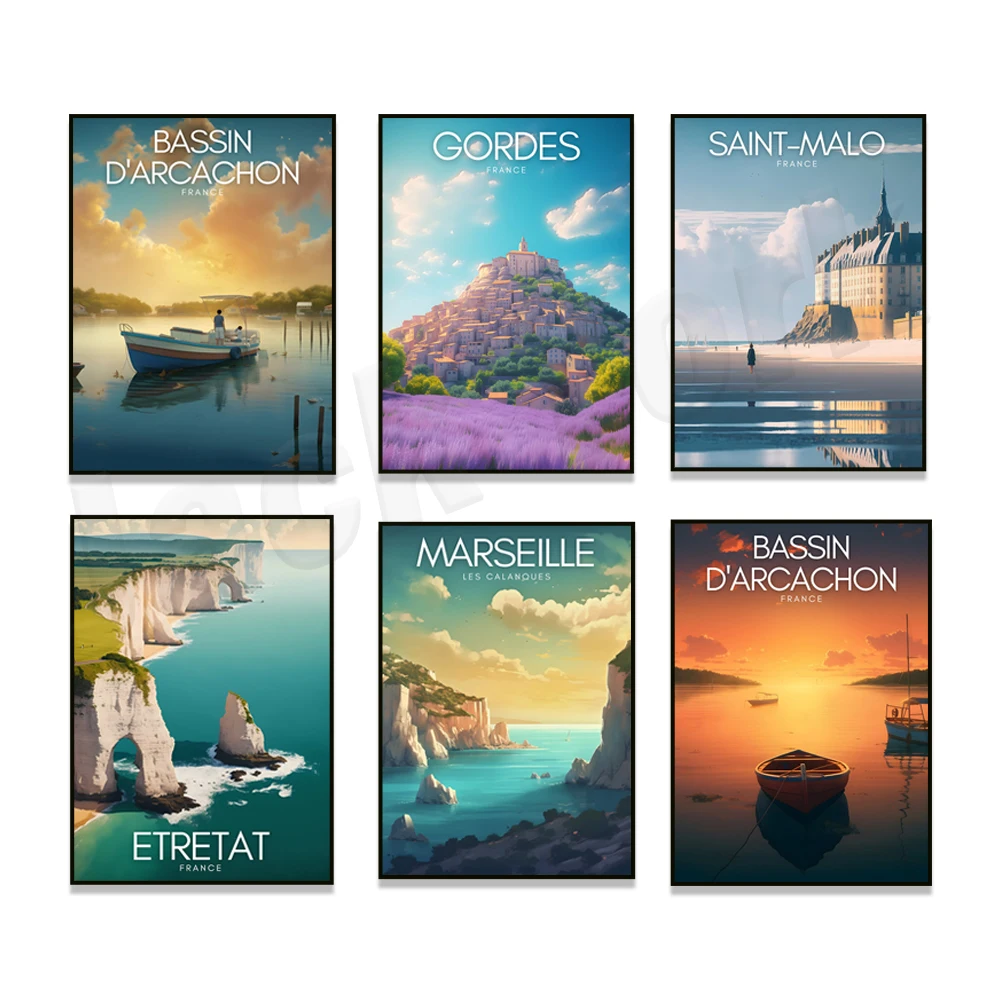 Travel poster of Provence, France, Lake Geneva, Cachon Basin, Lacanau Beach, Annecy Lake, Saint Malo Poster, Marseille Channel