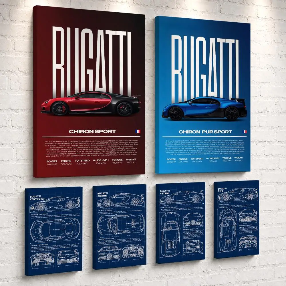 Fashion Sports Car Designs B-BugaTTi Framed Wall Painting Ready to Hang Canvas Poster for Bedroom Living Room Hallway Home Decor