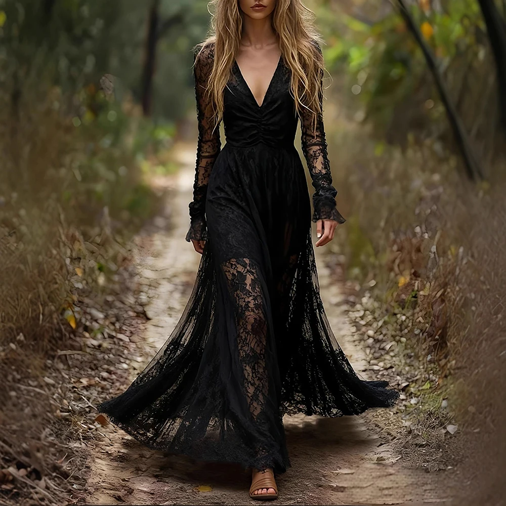 Bohemia Elegant Lace Hollow Out Women Maxi Dress Mesh Long Sleeve Ruched See-Through A-Line Vintage V-Neck Fashion Long Dresses