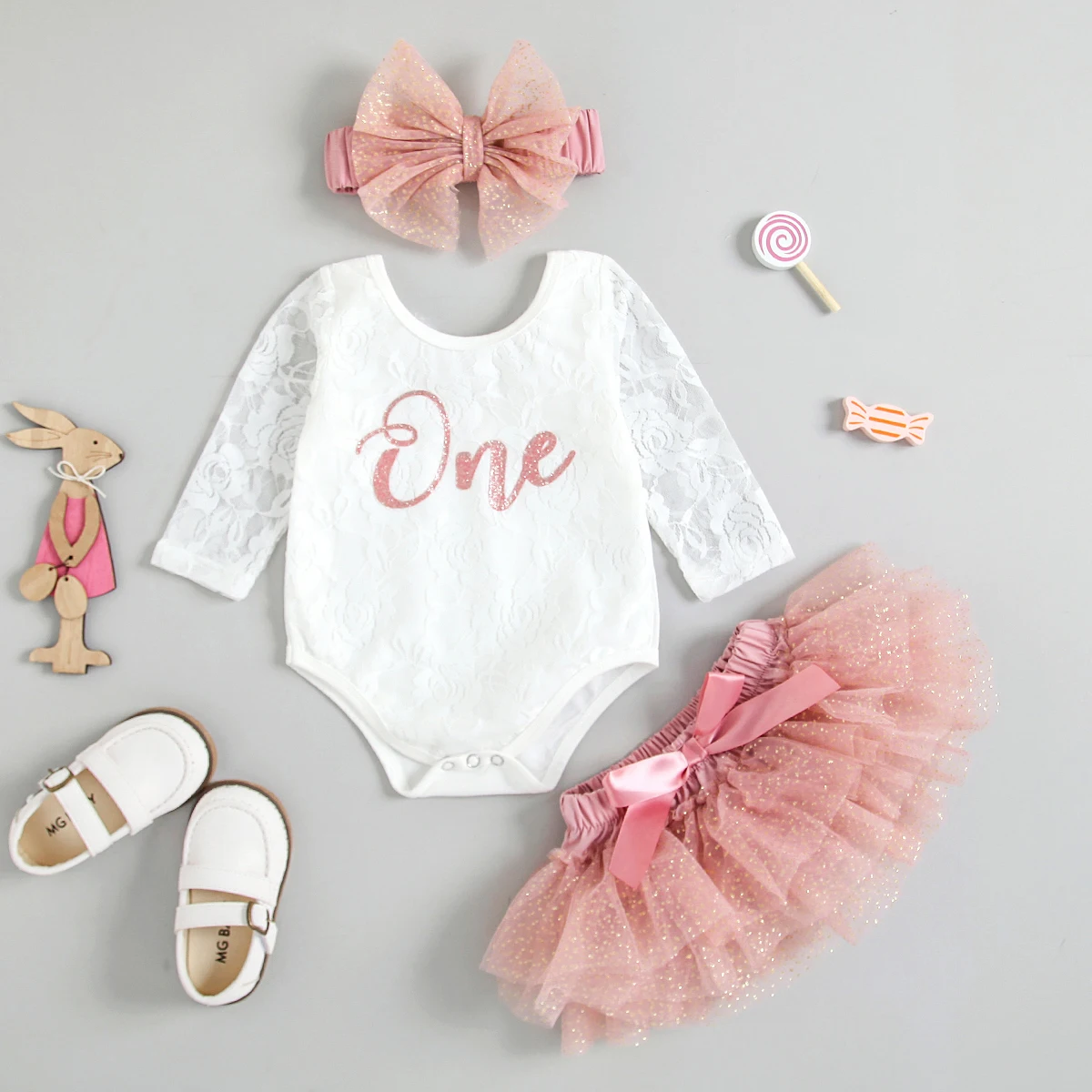 

Newborn Baby Girls My First Birthday Outfits Cute Long Sleeve Floral Lace Romper Tutu Skirt Headband Children's Clothing Set