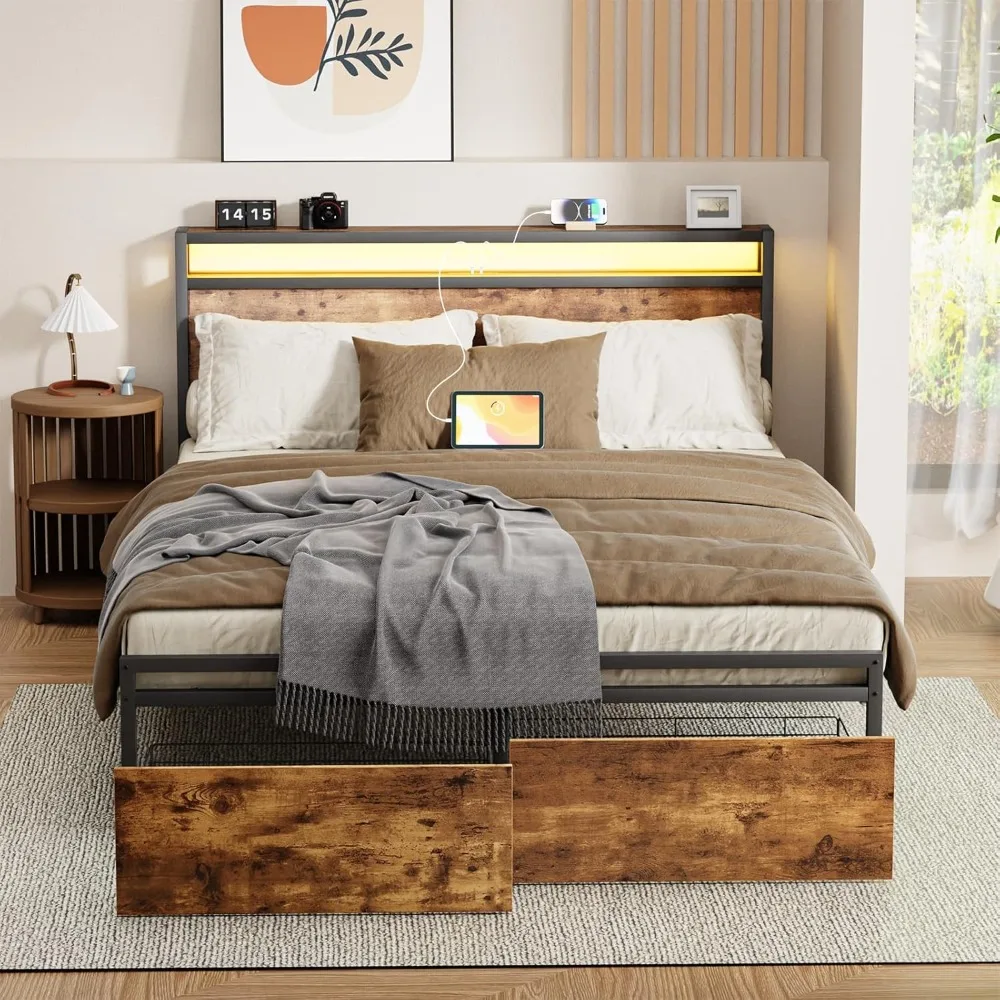 

Bed Frame with Charging Station,USB Ports Outlets,Platform Bed with Headboard, 800LBS Weight Capacity, Strong Metal Slats Legs