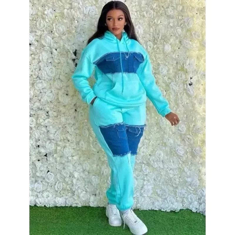 

Pants Set Women Two Piece Sets Hooded Matching Sets Sweatshirts Long Pants High Waist Denim Splice Y2k Casual Jogger 2025