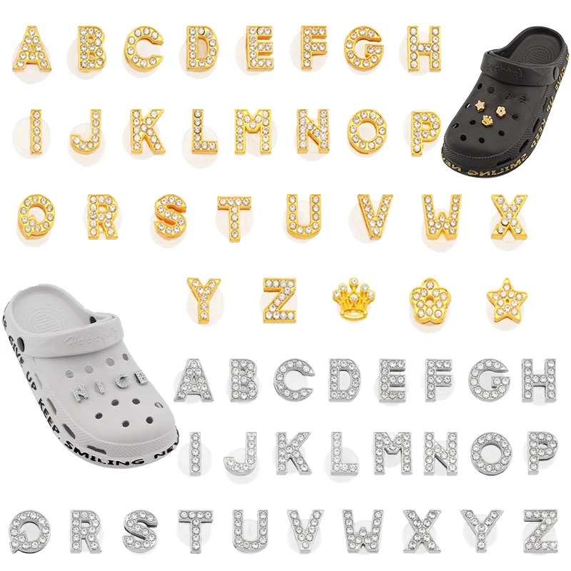 1Set Diamond Letter Charms Gold Silver Pin Shoes Accessories Garden Shiny Rhinestones Shoe Decorations Charm Gift