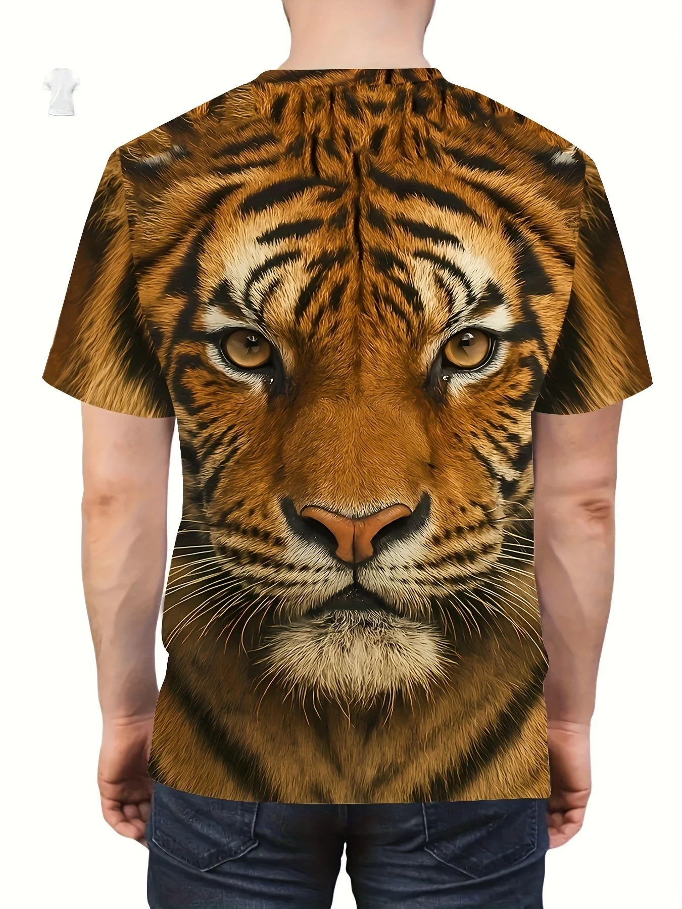 Herren 3D Realistisches Tiger-Gesicht Volldruck T-Shirt Braun Wildes Tier Rundhals Kurzarm-Shirt – Detail 2