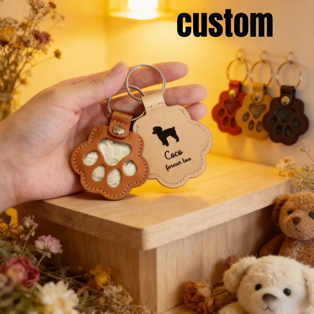 

Personalize Portable Cat Paw Shaped Keyring Custom Pet Hair Storage Leather Keychain Cute Gift Pendant Wholesale Car Key Jewelry