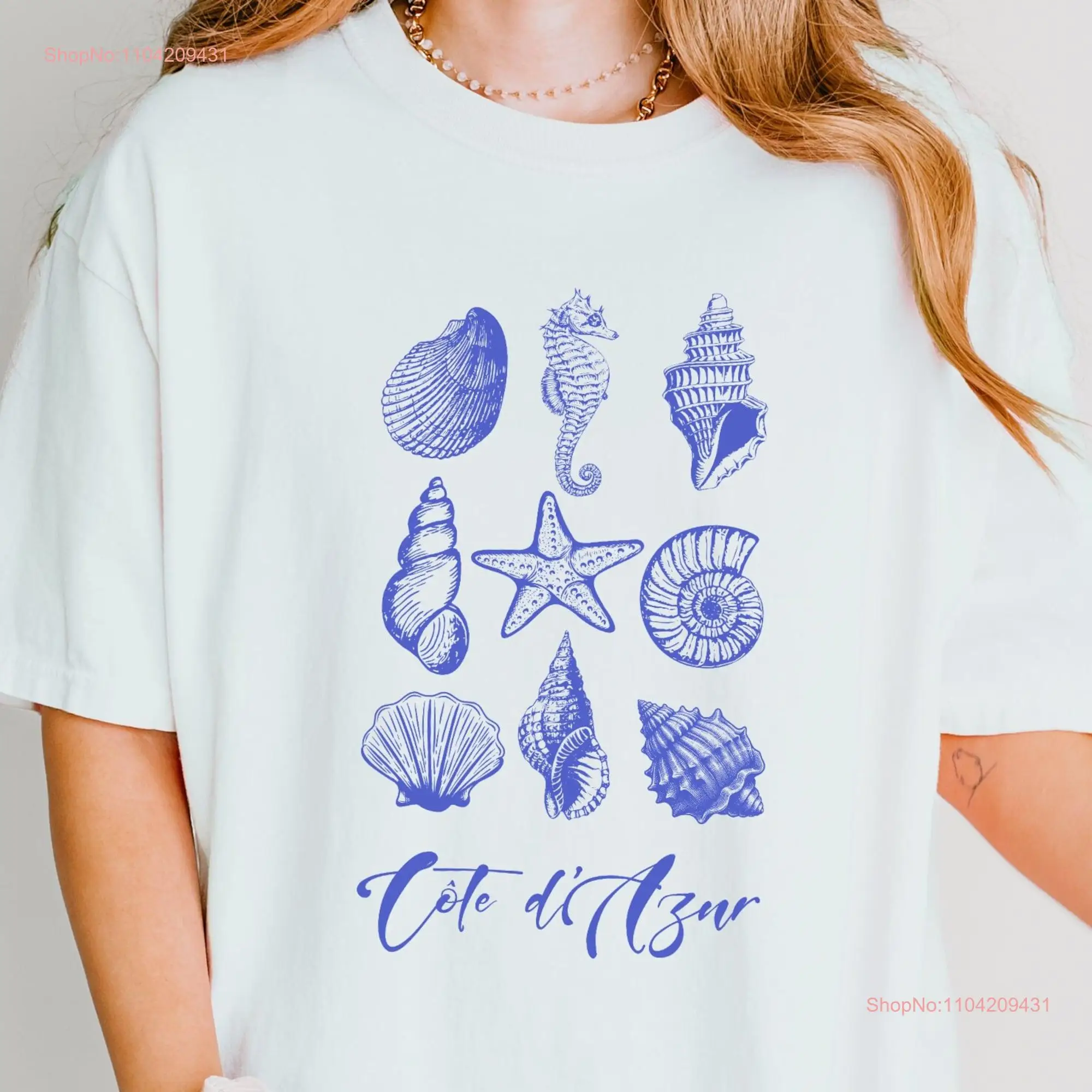 Seashells Cote d'Azur Beach T Shirt French Riviera Ocean Inspired Travel Print Women's Trendy long or short sleeves