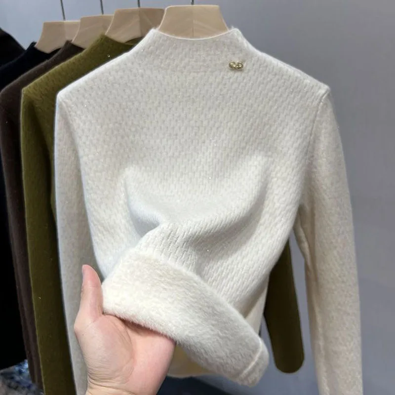 

2023 Autumn Winter Thicken Bottom Sweater Half High Collar One Piece Plush Warm Sweater Striped Fashion Casual Fit Women Sweater