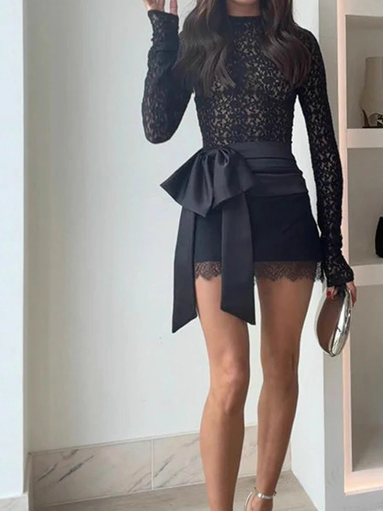 Fashion Hollow Out See-through High Street Sets Sexy O-neck Long Sleeve Outfits Black Lace Embroidery Bodysuits&Mini Skirts Sets