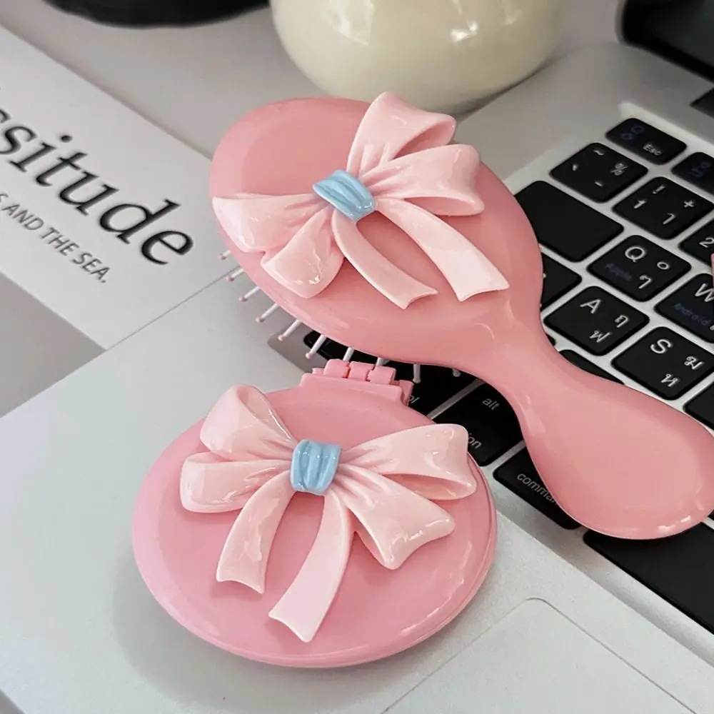 Portable Pink Round Folding Comb with Mirror Compact Bow Decor Handle Comb Anti Static Princess Style Pocket Hair Brush Women