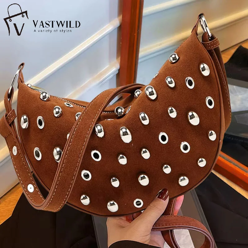 

Дизайнерская сумка через плечо с шипами, сумка в форме полумесяца с заклепками, новинка 2025, женская металлическая сумка подмышки, высококачественные сумки на плечо в горошек с заклепками в стиле ретро