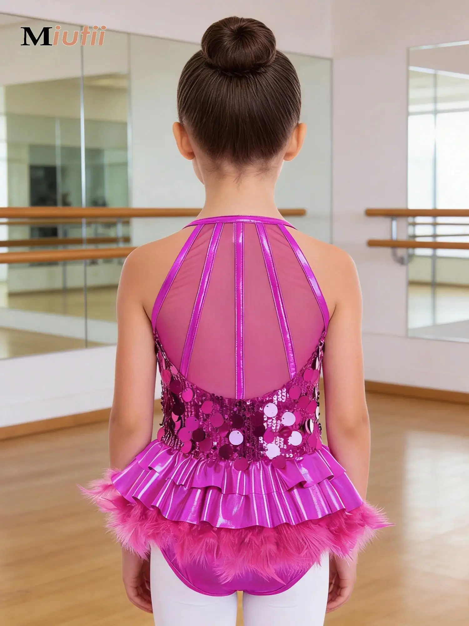 

Feather Ballet Dance Skirted Leotard Dress Kids Girls Figure Skating Gymnastics Costume Sequin Latin Jazz Rumba Samba Dancewear