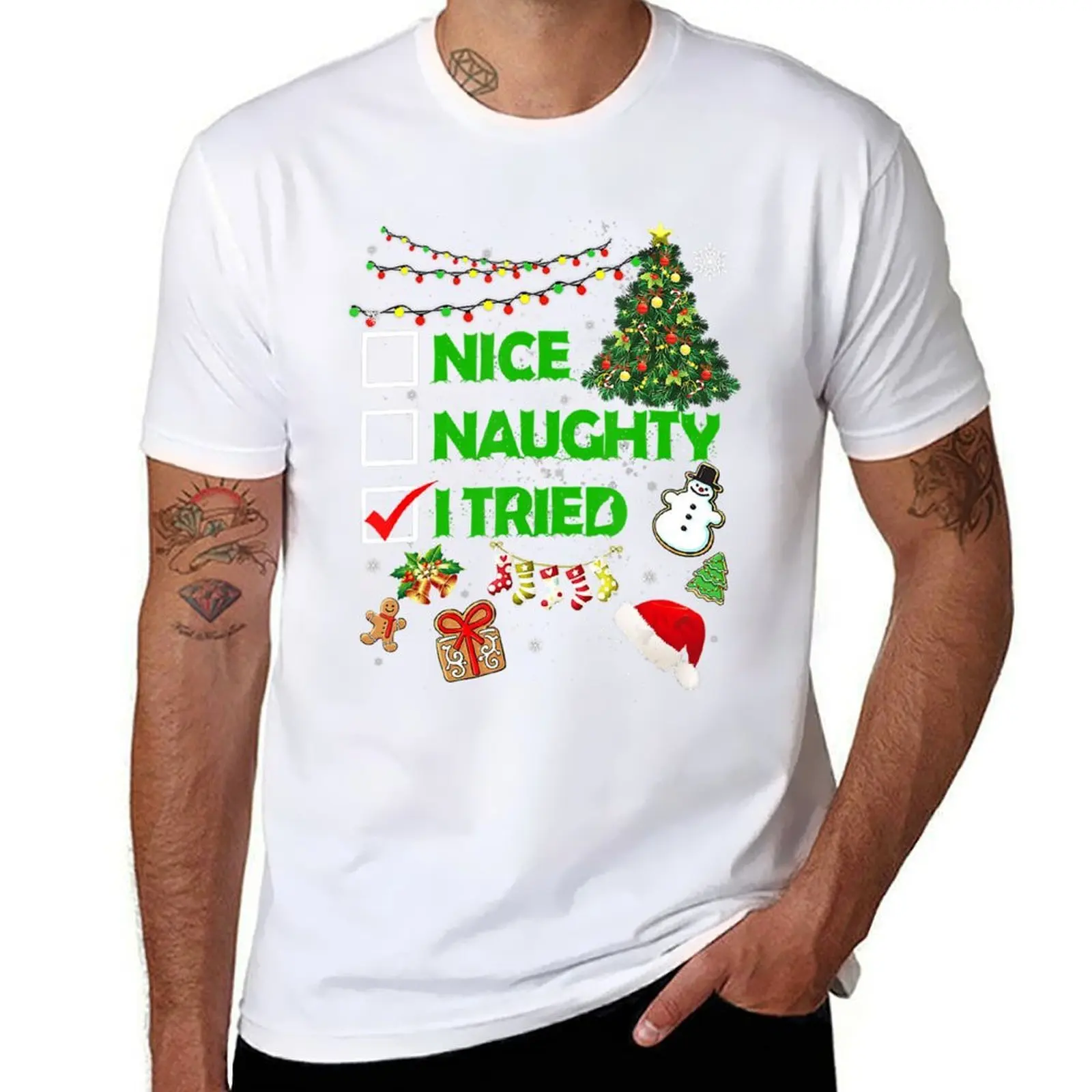 

Christmas Nice Naughty I Tried Xmas Tree Light Pajamas T-Shirt t shirt man cotton t shirts for man cotton funny T-Shirt