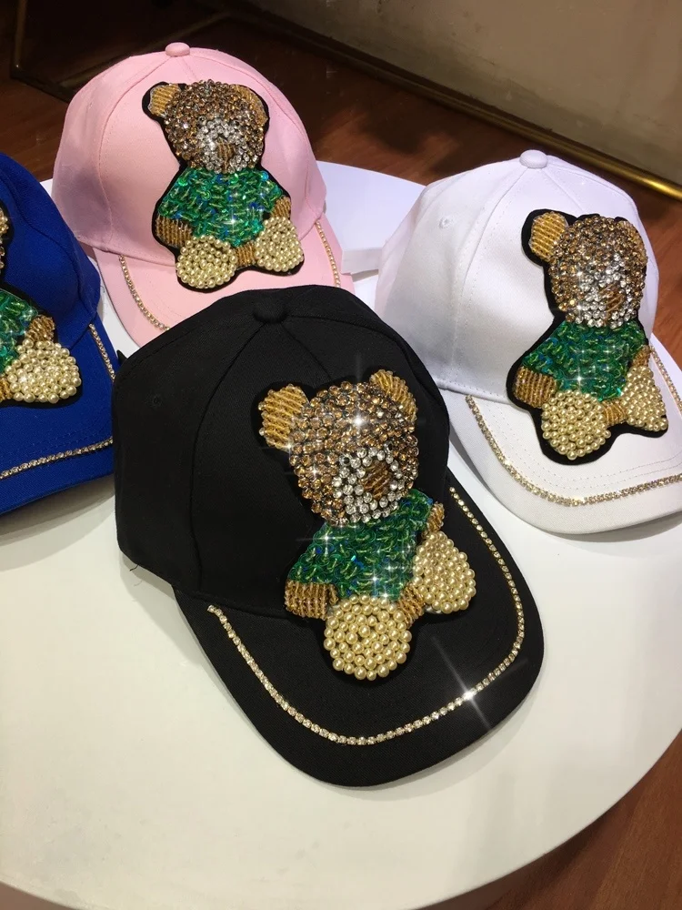 Age Reduction Cute Hard Top Baseball Caps Trendy Sequins Beading Rhinestones Bear Peaked Cap Four Seasons Women Hats Shopping