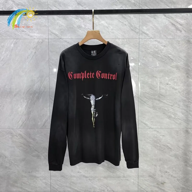 

Jesus Print Vintage Washed Black Damaged Saint Long Sleeved T Shirt Men Women Best Quality Cotton Tops Oversized T-Shirt