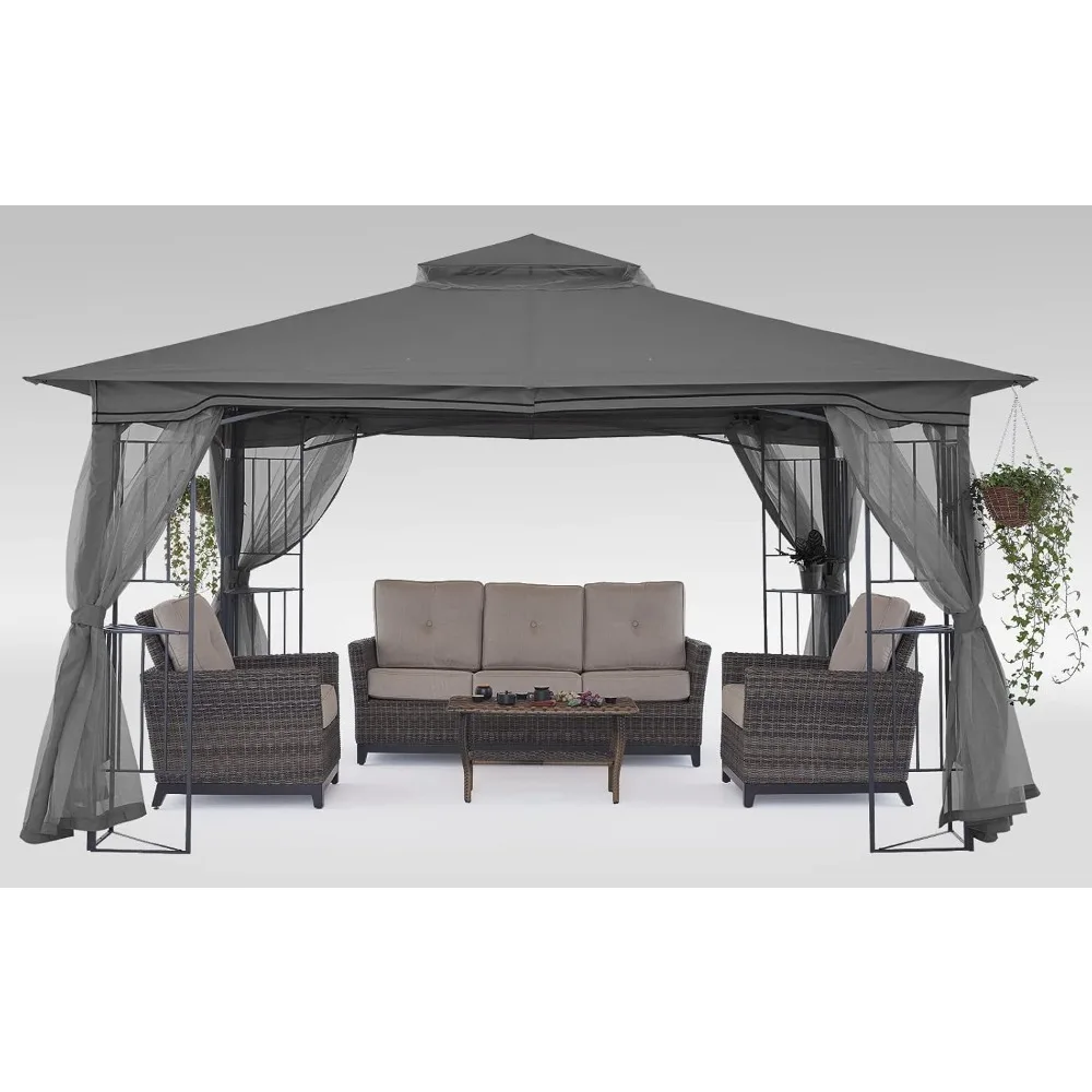 Patio Outdoor Gazebo with Netting Screen Walls and Corner Shelf Design (11x11)