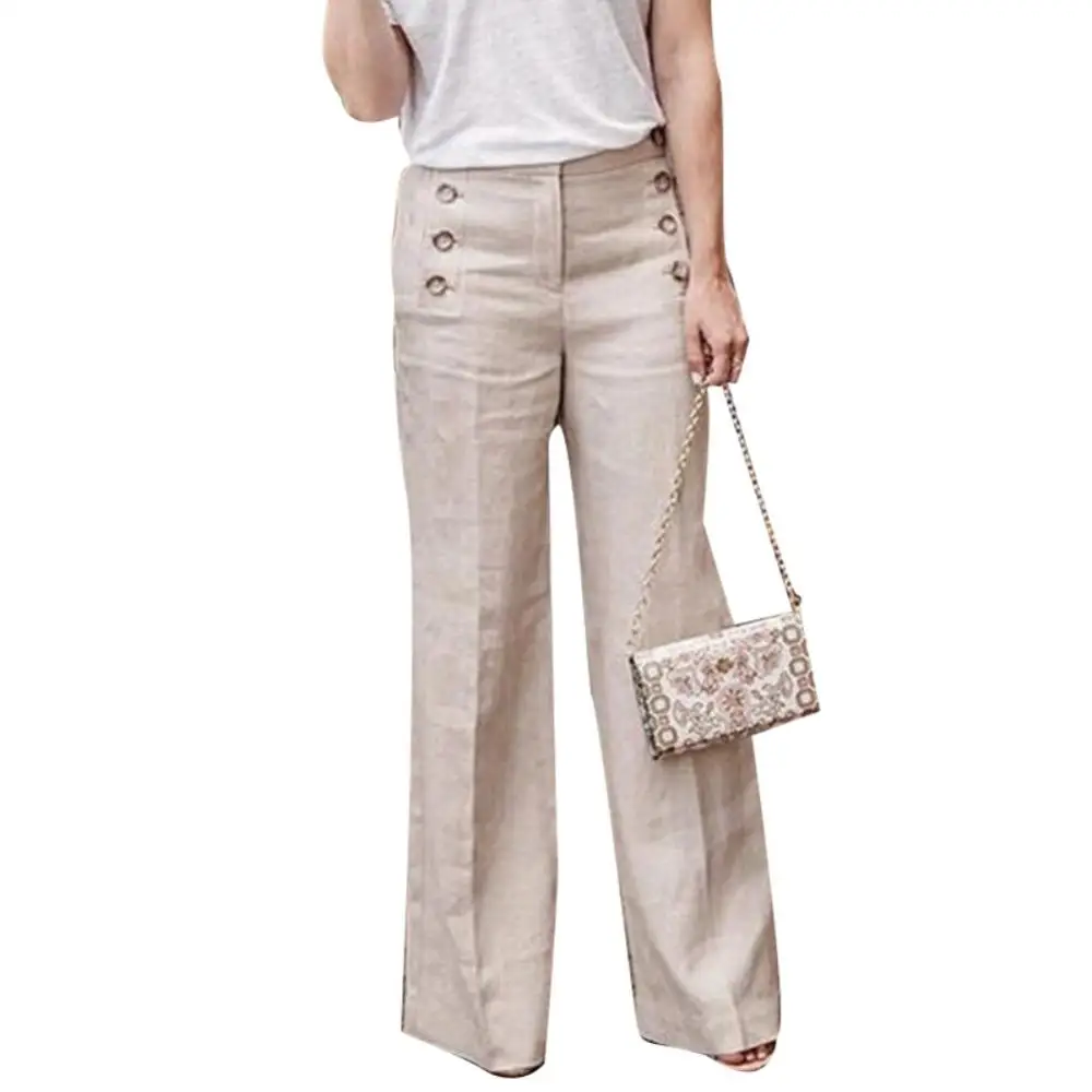 

Cotton High Waist Solid Color Wide Leg Trousers Women Button Pants Long Buttons Linen