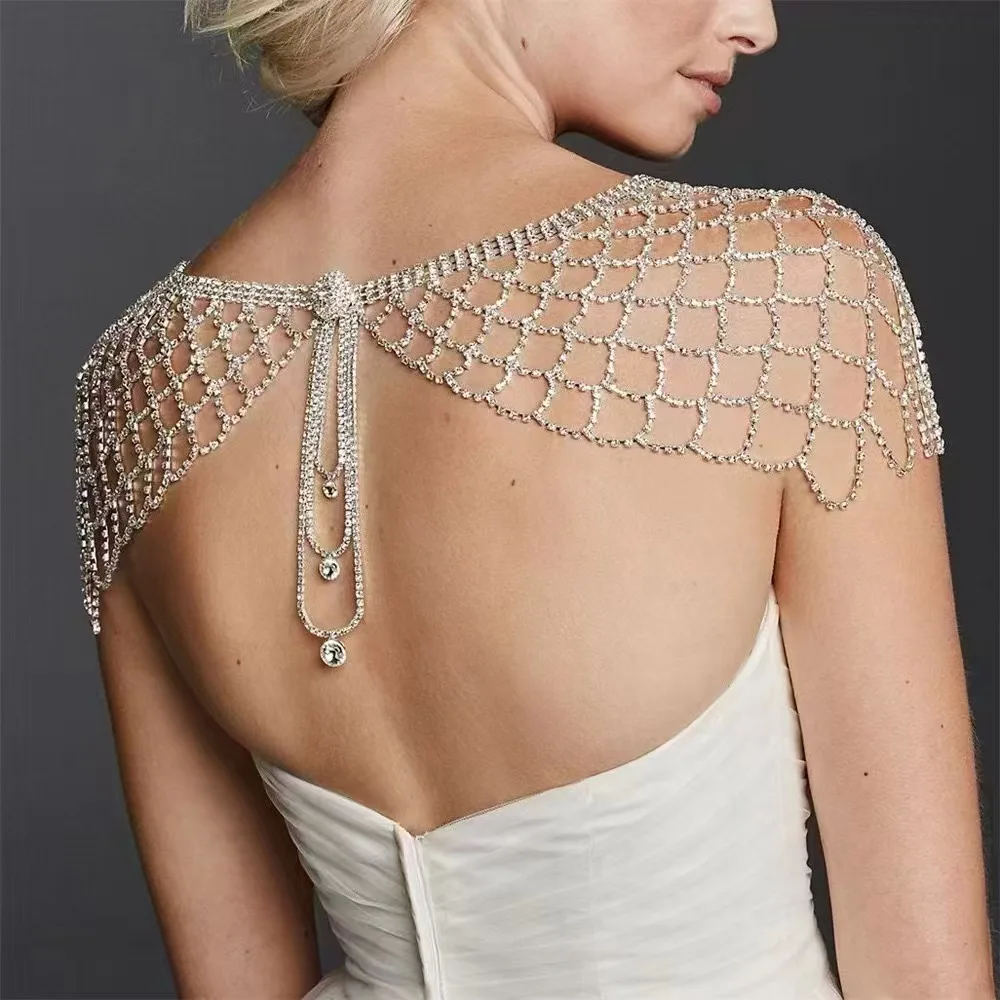 Fashionable Rhinestone Mesh Hollow out Long Tassel Pendant Shoulder Hollow out Shawl Cover Shirt Body Chain Accessory