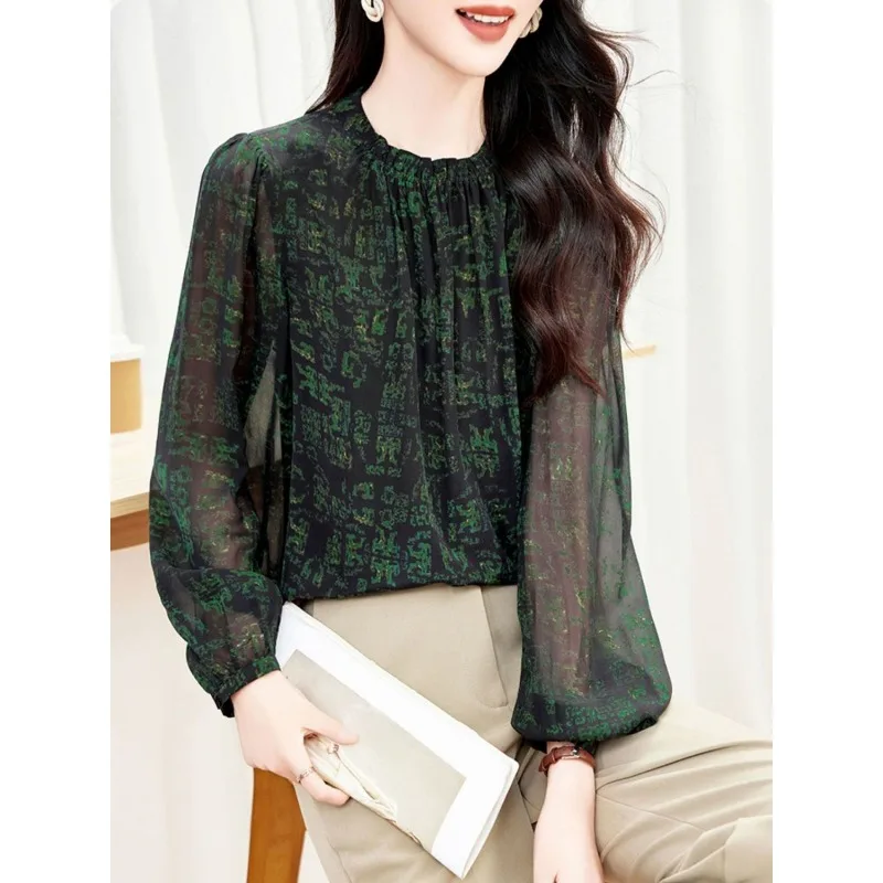 

2025 Spring Autumn New Style Loose Stand Collar Printed Shirt Fashion Simple Long Sleeve Top for Women