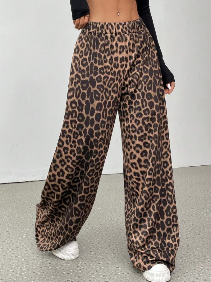 Unisex Brown Leopard Printed Quick Dry Long Pants Summer Loose Straight Trousers Men Women Casual Sports Daily Street Sweatpants