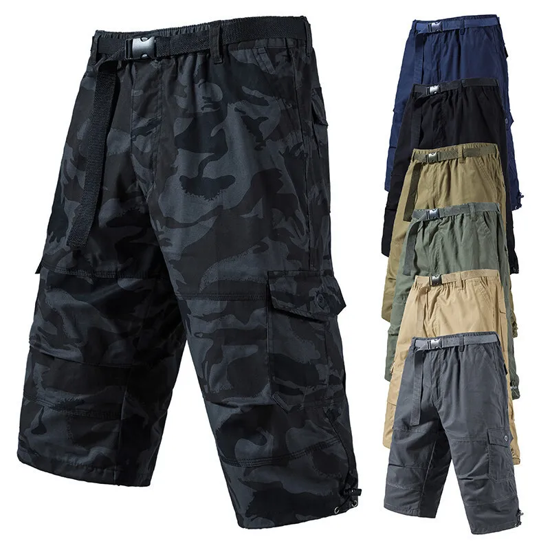 Summer Cotton Thin Overalls Men's Cropped Pants Loose Straight Middle Pants Trendy Brand Wear-resistant 7 Points