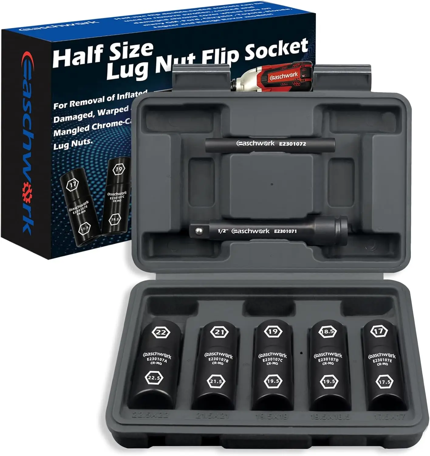 

Half Size Lug Nut Socket Set, 7pc 1/2" Drive Thin Wall Impact Flip Socket with Knockout Bar for Removing Damaged, Swollen Lug