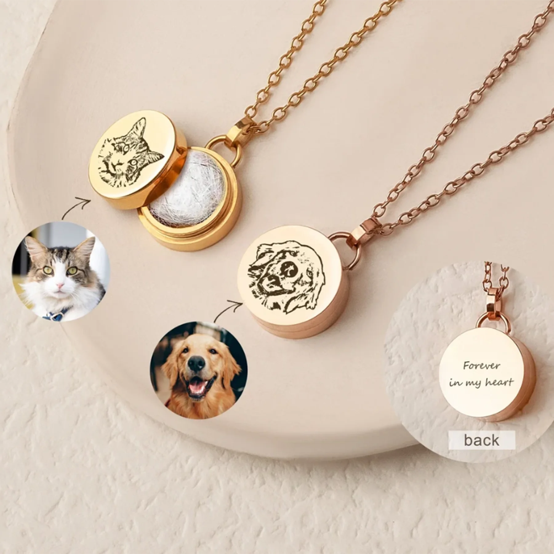 Personalized Stainless Steel Round Circle Cremation Urn Pendant Jewelry Custom Engraved Pet Portrait Fur Memorial Jewelry