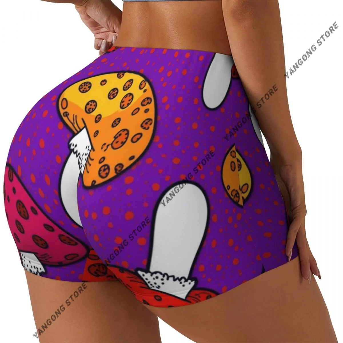 Women's Yoga Shorts Cartoon Mushrooms Pattern Scrunch Booty Butt Lifting Comfort Fitness Gym