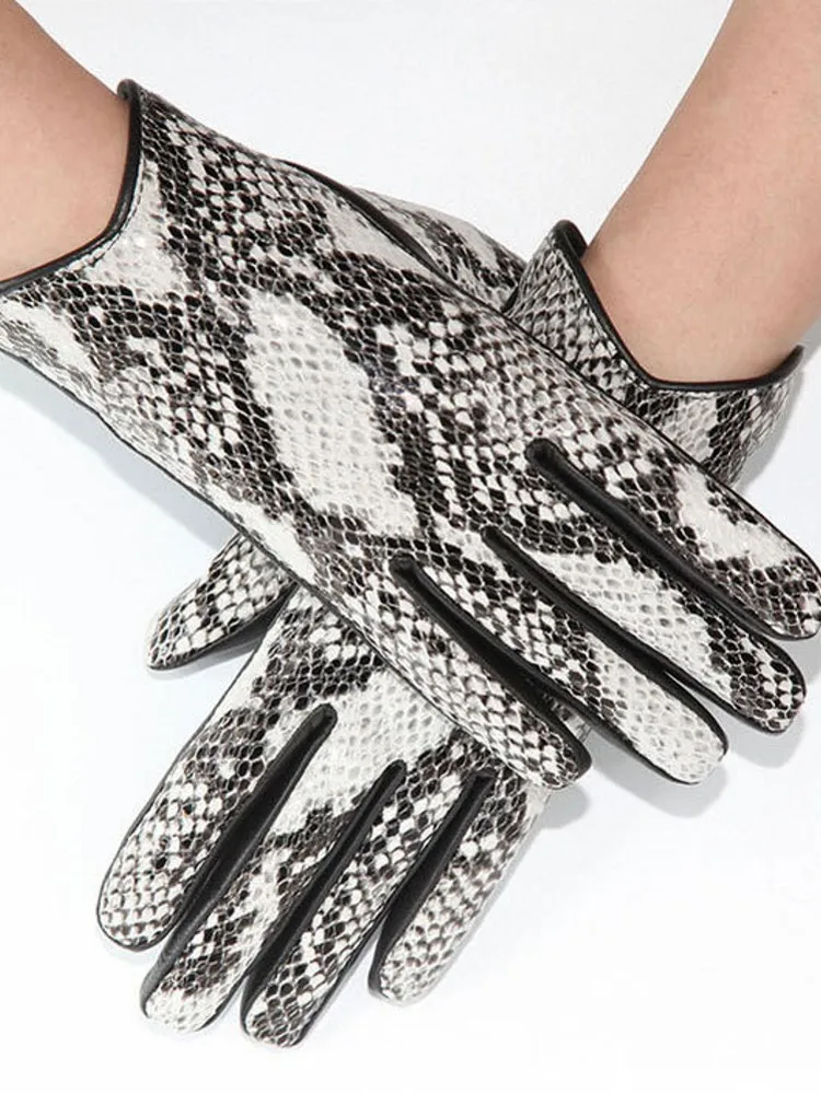 New Fashion Women Snake Pattern Sheepskin Genuine Leather Gloves Elegant Lady Autumn Winter Winproof Warm Fleece Lining Mittens