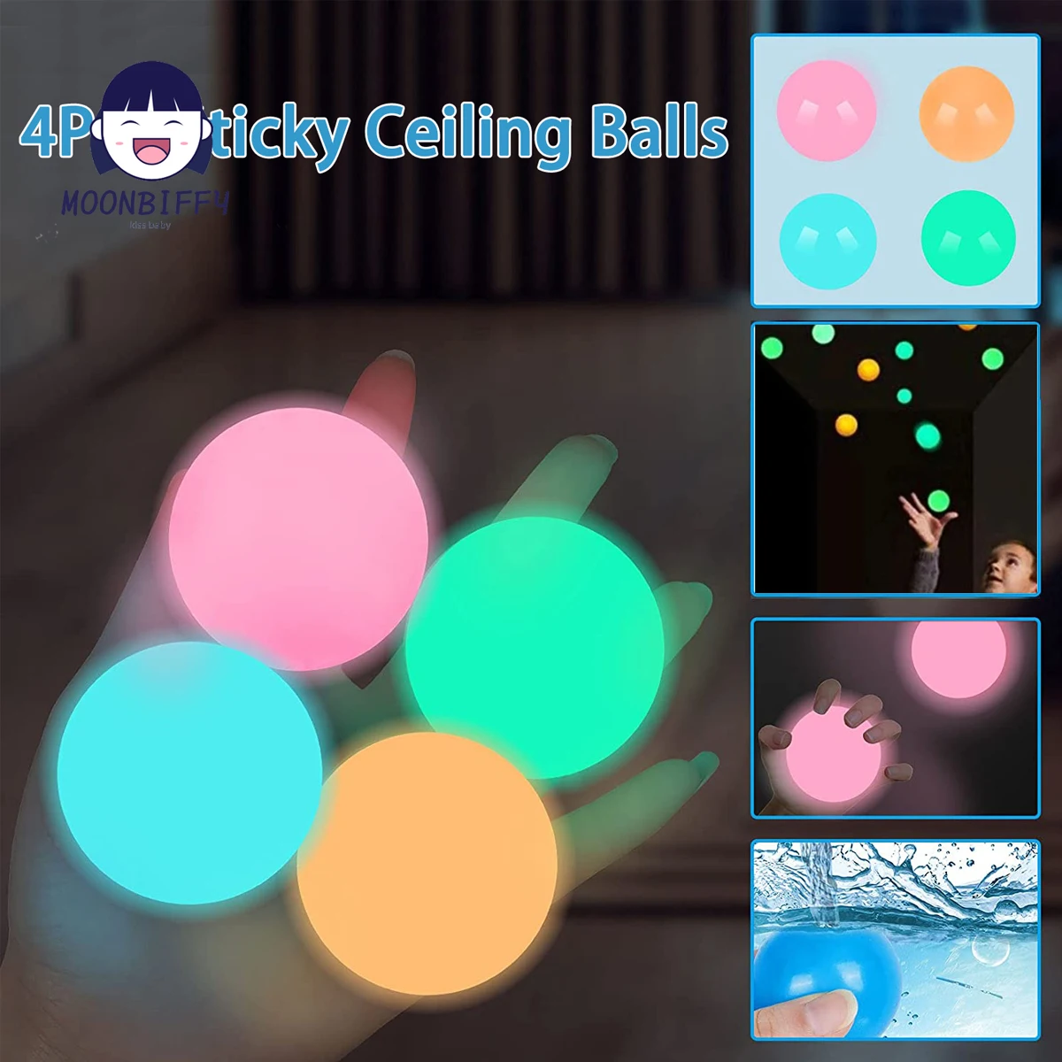 4Pcs Glow in The Dark Ceiling Balls Luminous Sticky Wall Balls Squishy Ball Fidget Toys for Kids Adults Gifts Stress Relief Toy