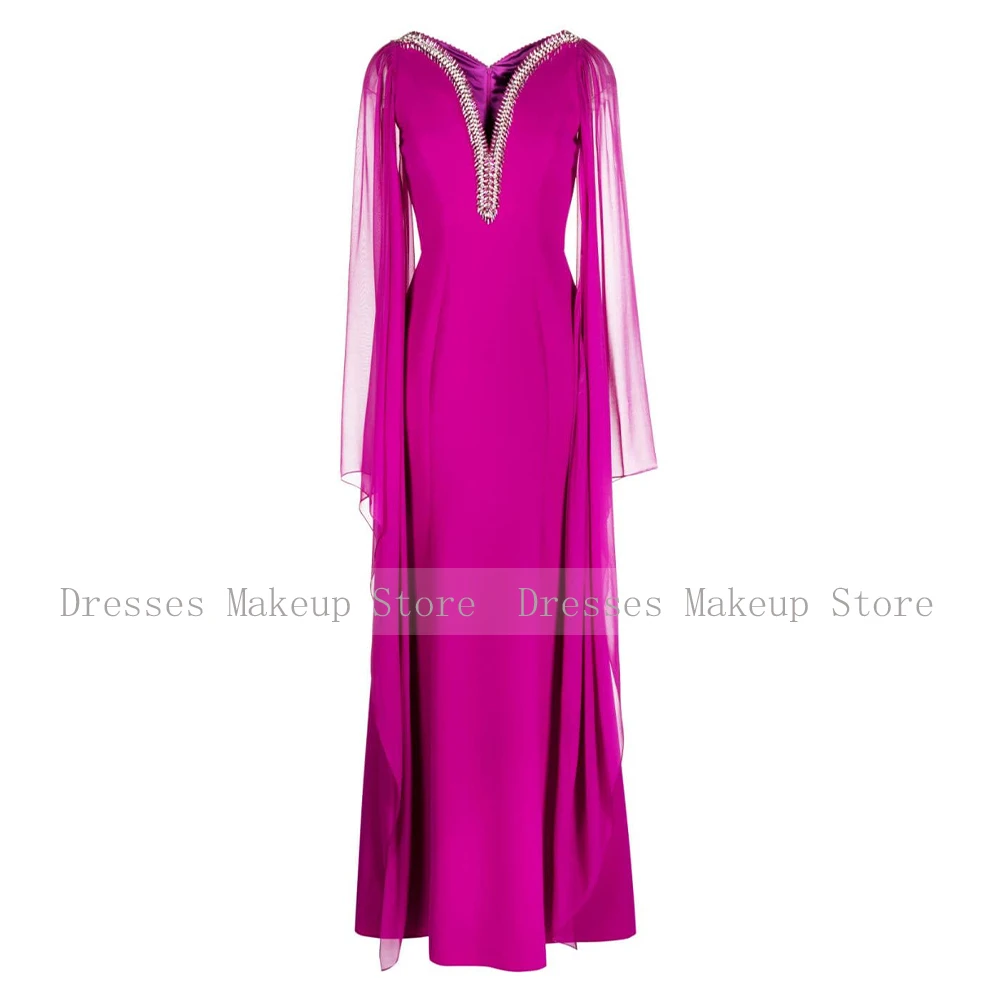 Fuchsia Evening Dress Crystal V Neck Trumpet/Mermaid Evening Gowns for Women 2024 Cloak Sleeves Floor Length Wedding Party Dress