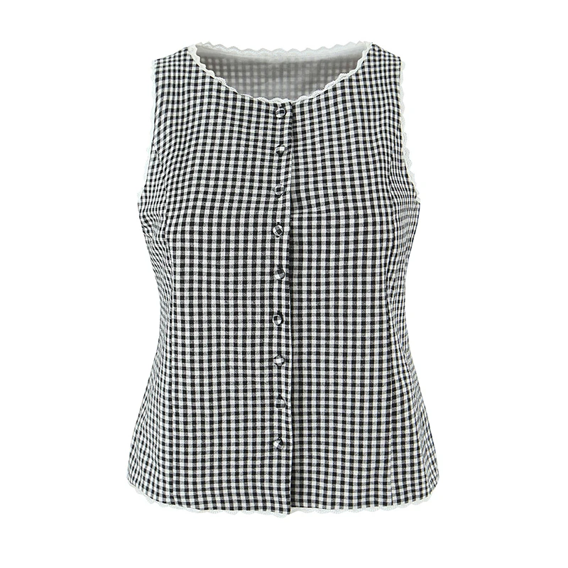 

YENKYE French Retro Plaid Vest Women Lace Trim O Neck Sleeveless Versatile Casual Summer Tank Top