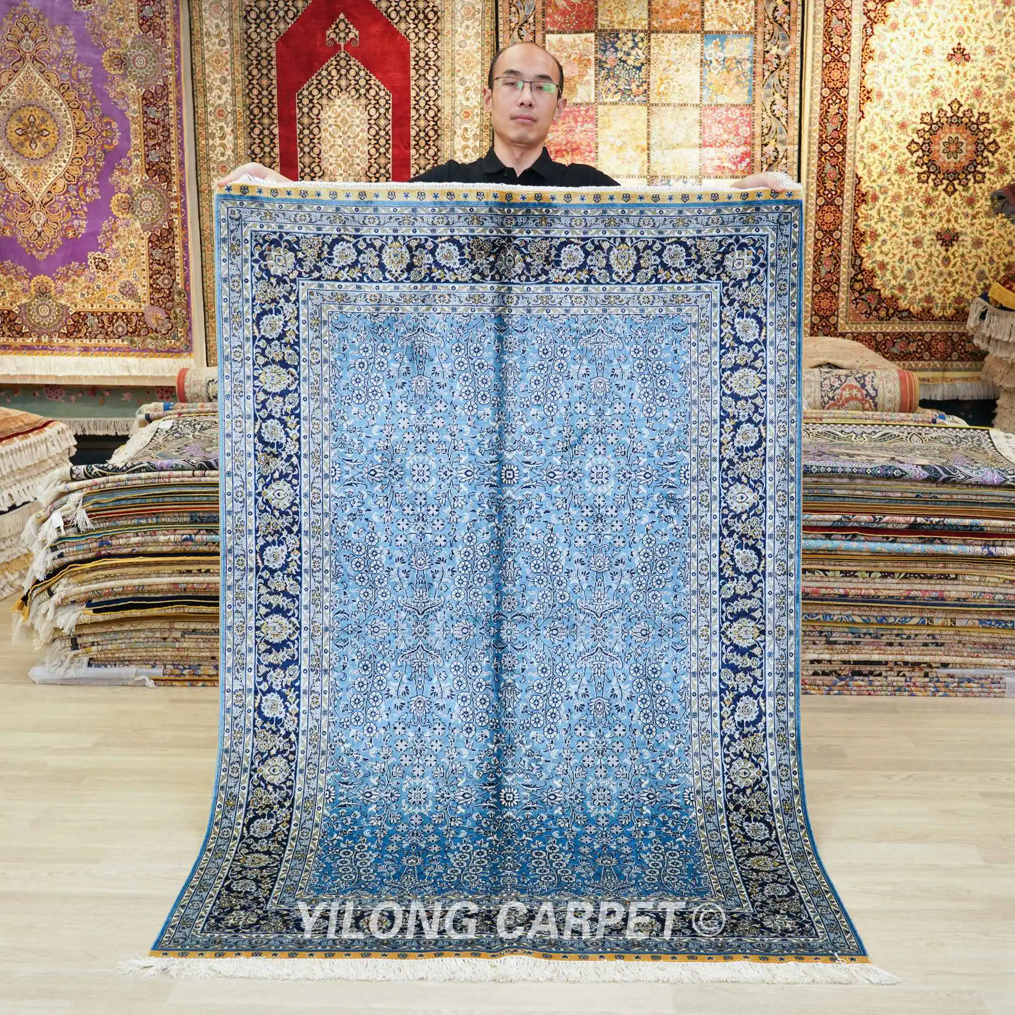 4'x6' Silk On Silk Hereke Rug Antique Blue Hand Knotted Bedroom Carpet (HF385H)