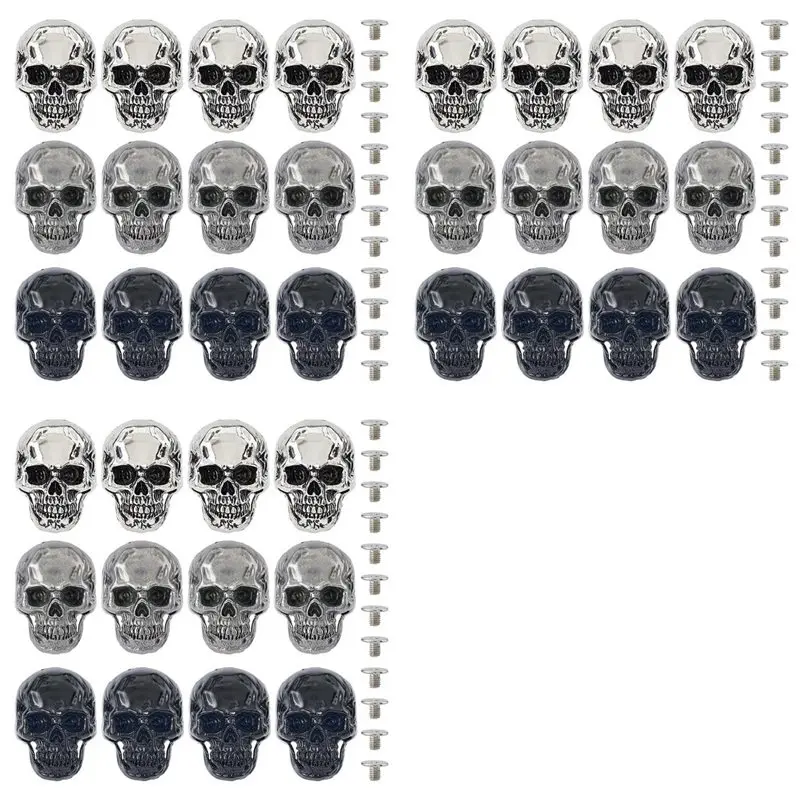 ABXF-36Pcs 3Colors Alloy Skull Stud Rivet Skull Conchos Screw Back Leather Crafting Skull For Punk DIY Craft Decoration
