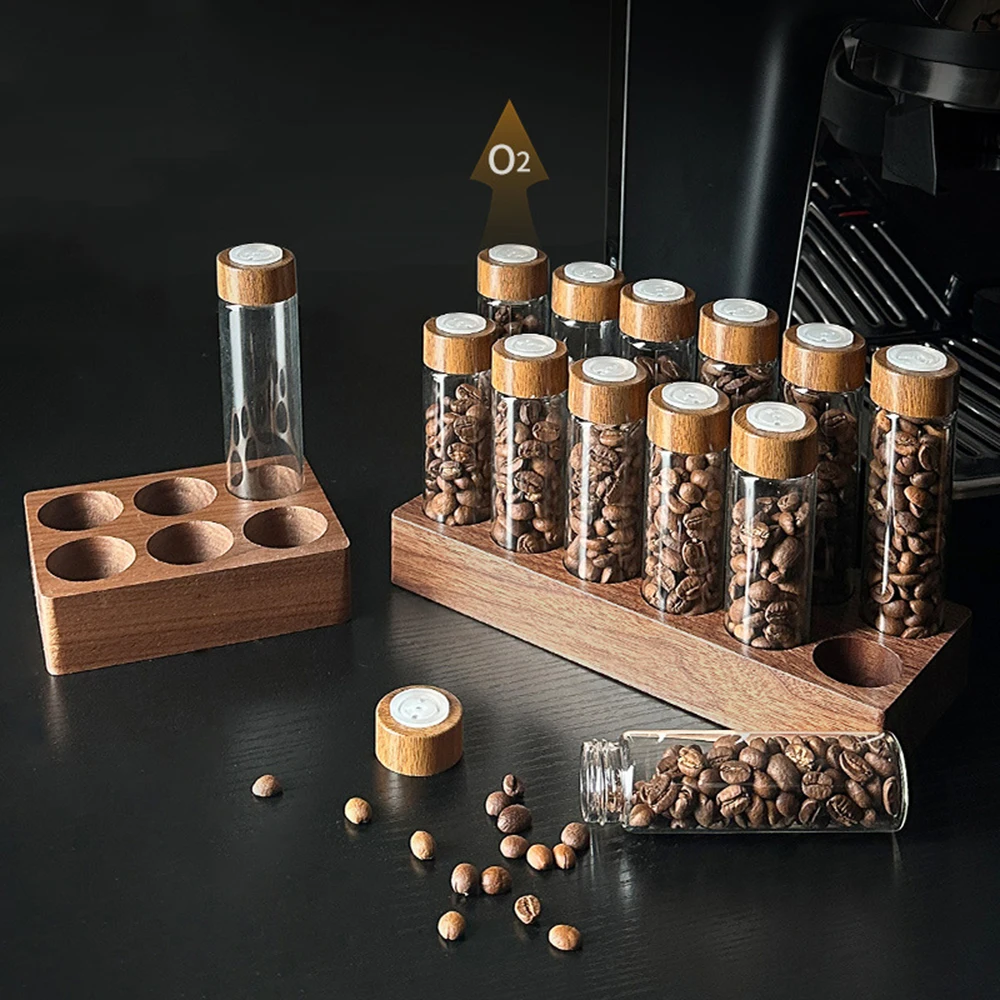 Coffee Beans Storage Container Display Rack Walnut Tea Tube Bottle Glass Espresso Coffee Accessories Tool Barista Coffeware Sets