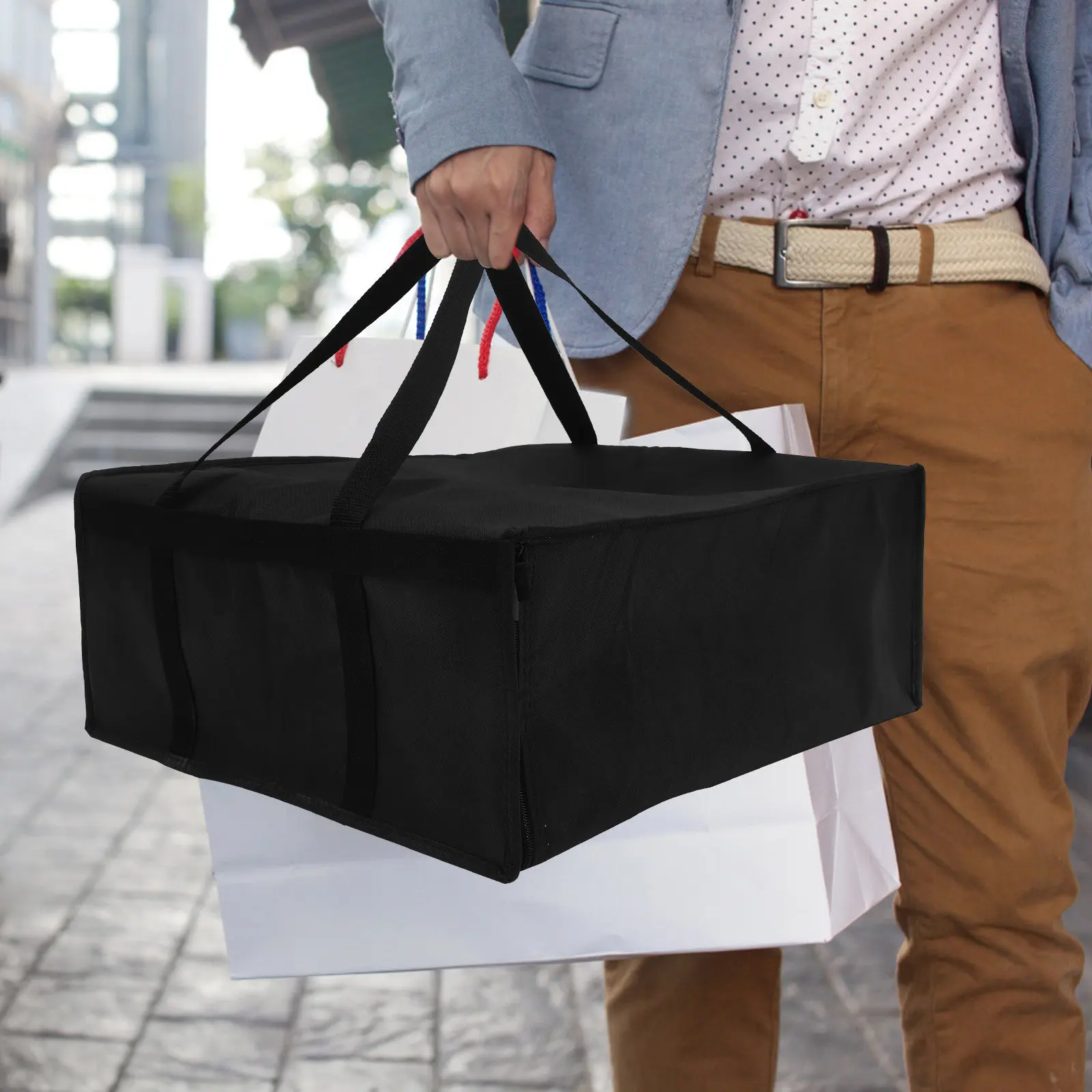 Pizza Delivery Bag Insulated Heavy Duty Wear Resistant Non Woven Fabric Takeout Food Carrier with Shoulder Strap Large Capacity