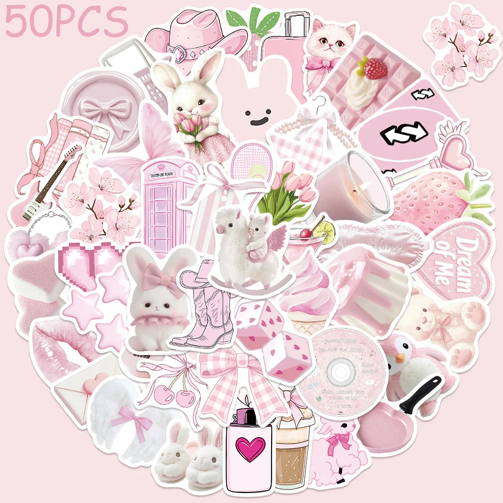 

50pcs Pink Cartoon Graffiti Stickers Decals For Phone Laptop Suitcase Skateboard Helmet DIY Aesthetic Stickers Creative Gifts
