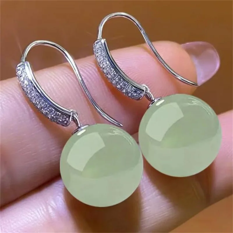 SOMILIA Retro Palace Green Hotan Jade Earrings For Women 12mm Natural Stone 18k Gold 925 Pure Silver Stud Women's Jewelry C82281