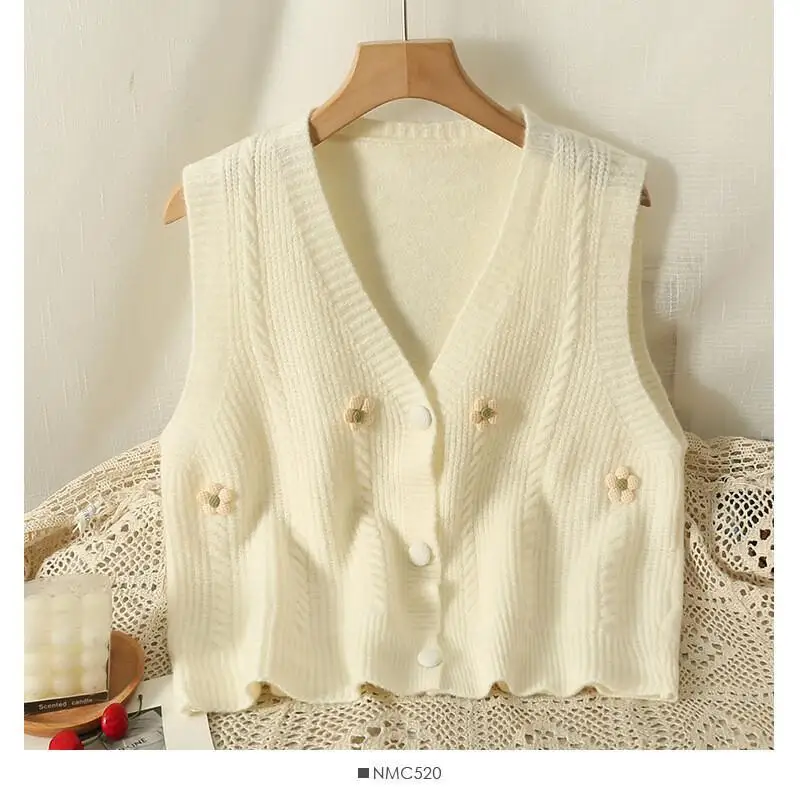 Colete de malha de flor coreana para moda feminina outono e inverno, suéter curto em camadas, colete cardigã versátil doce e fresco