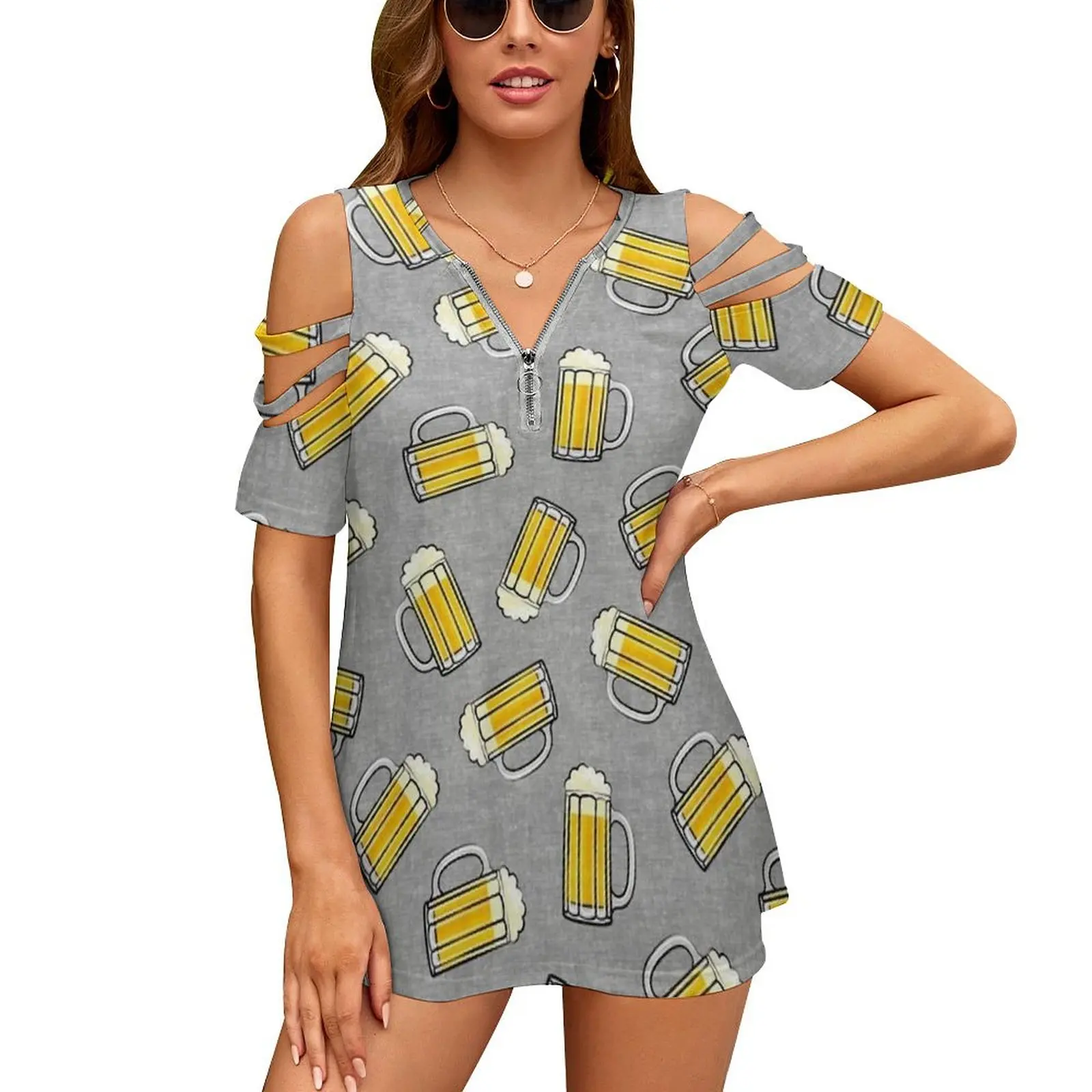 Beer Mug-Grey New Fashion Zip Off Shoulder Top Short-Sleeve Women Shirt Beer Large Beer Draft Beer Beer Glass Little Arrow St