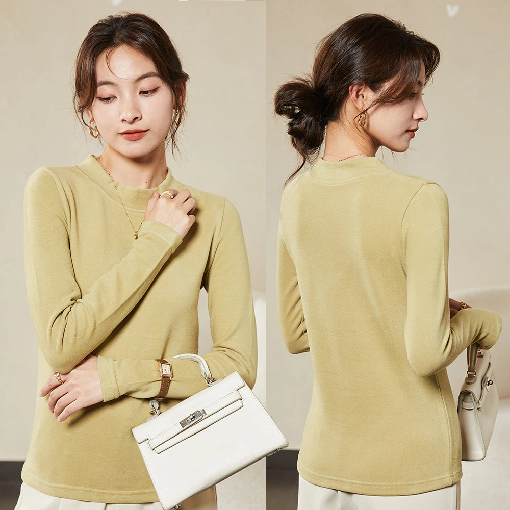 

Women's Thermal Tops Wool Silk Thermal Underwear Seamless Heating Winter Autumn Clothes Velvet Liner Mid-Collar Bottoming Shirt