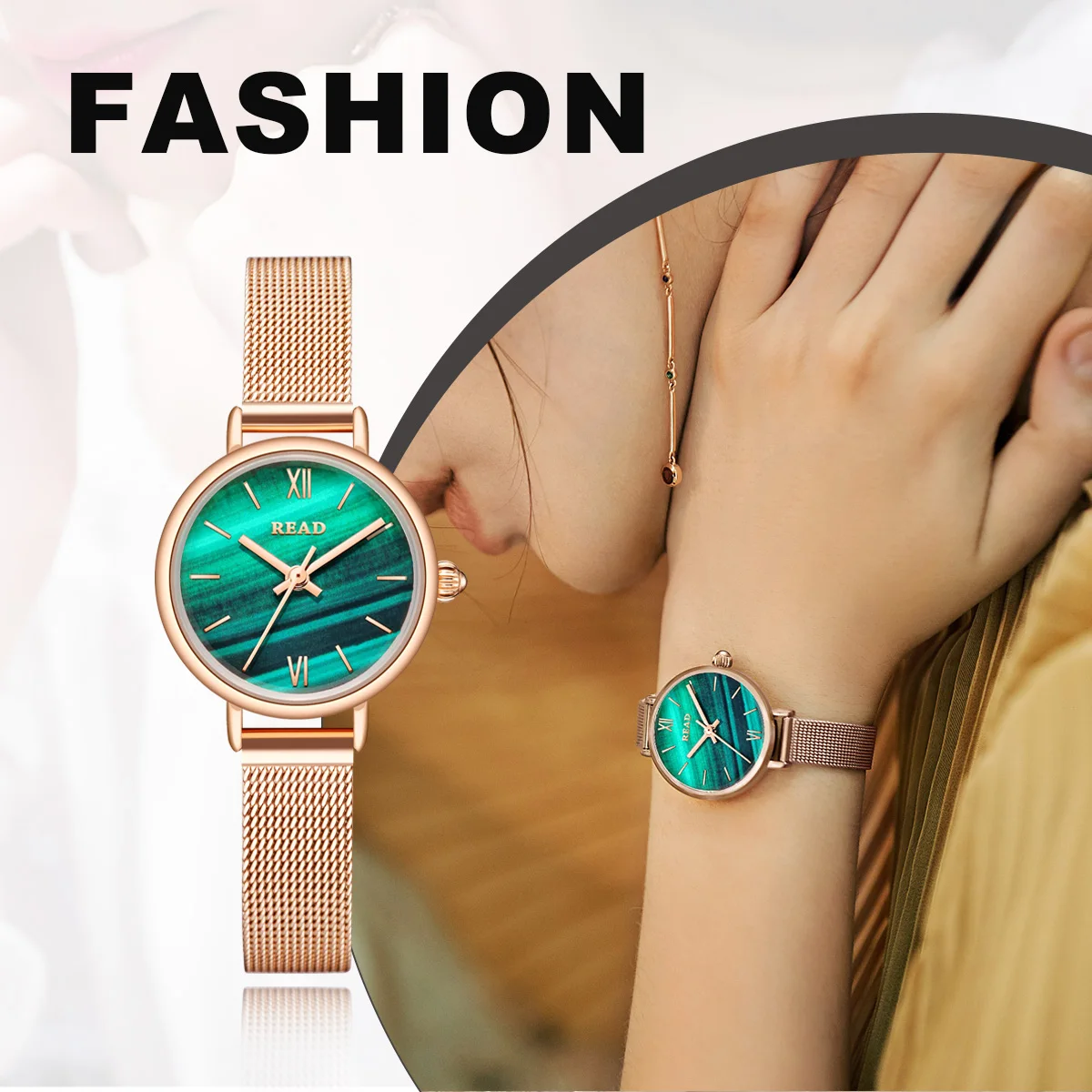 Ladies Analog Dress Watch | Classic Round Case | Green Marble‑Style Dial | Rose‑Tone Mesh Band | Daily Water Resistant Watch