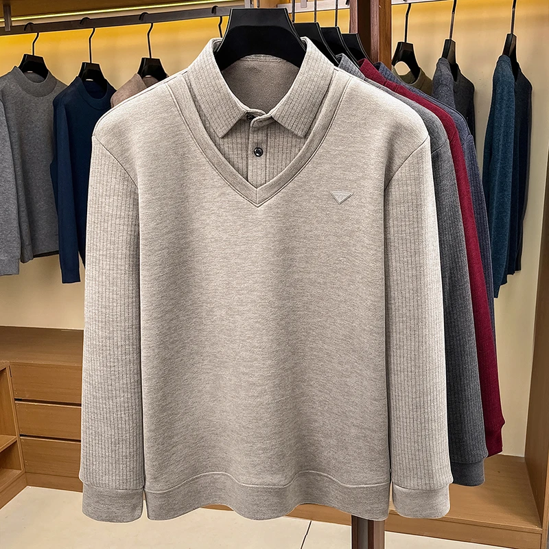 Luxusmarke Herren Einfarbiges Bedrucktes Poloshirt Herbst Neu Langärmeliges Revers Falsches Zweiteiliges T-Shirt Business Casual Herrenbekleidung – Detail 3