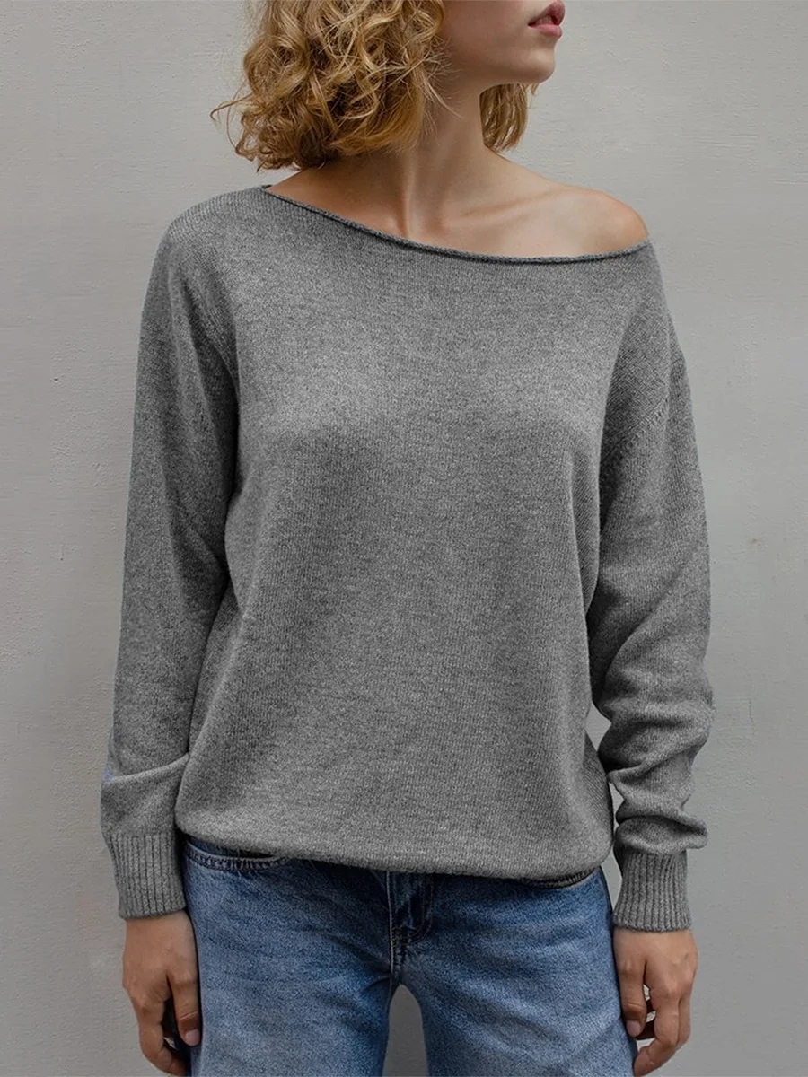 Maemukilabe Casual Solid Color Knitted Sweaters Slash Neck Off Shoulder Ribbed Long Sleeve Jumpers Women Fall Pullovers Knitwear