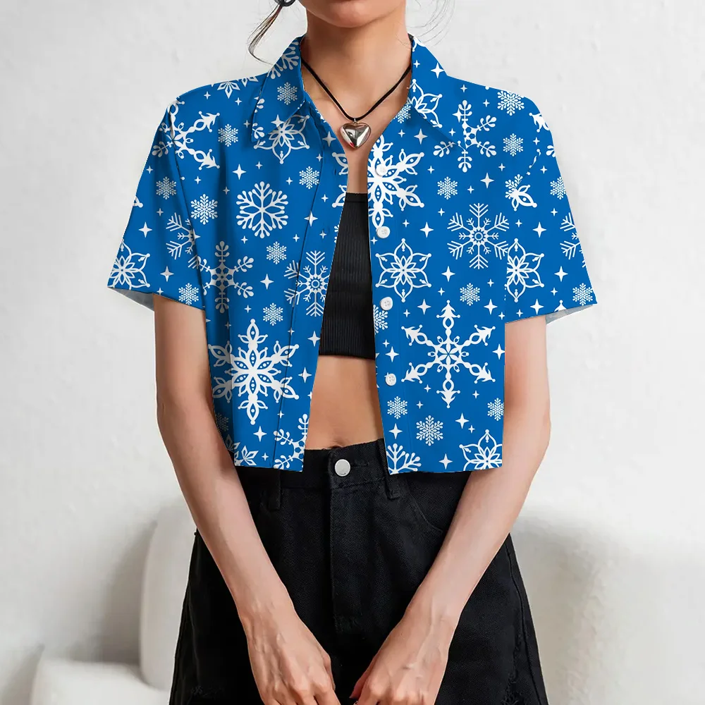 Christmas Women Clothing Snowflakes 3d Printed Button Navel Exposed Shirts Fashion Short Sleeve Lapel Shirts Sexy For Young Gril