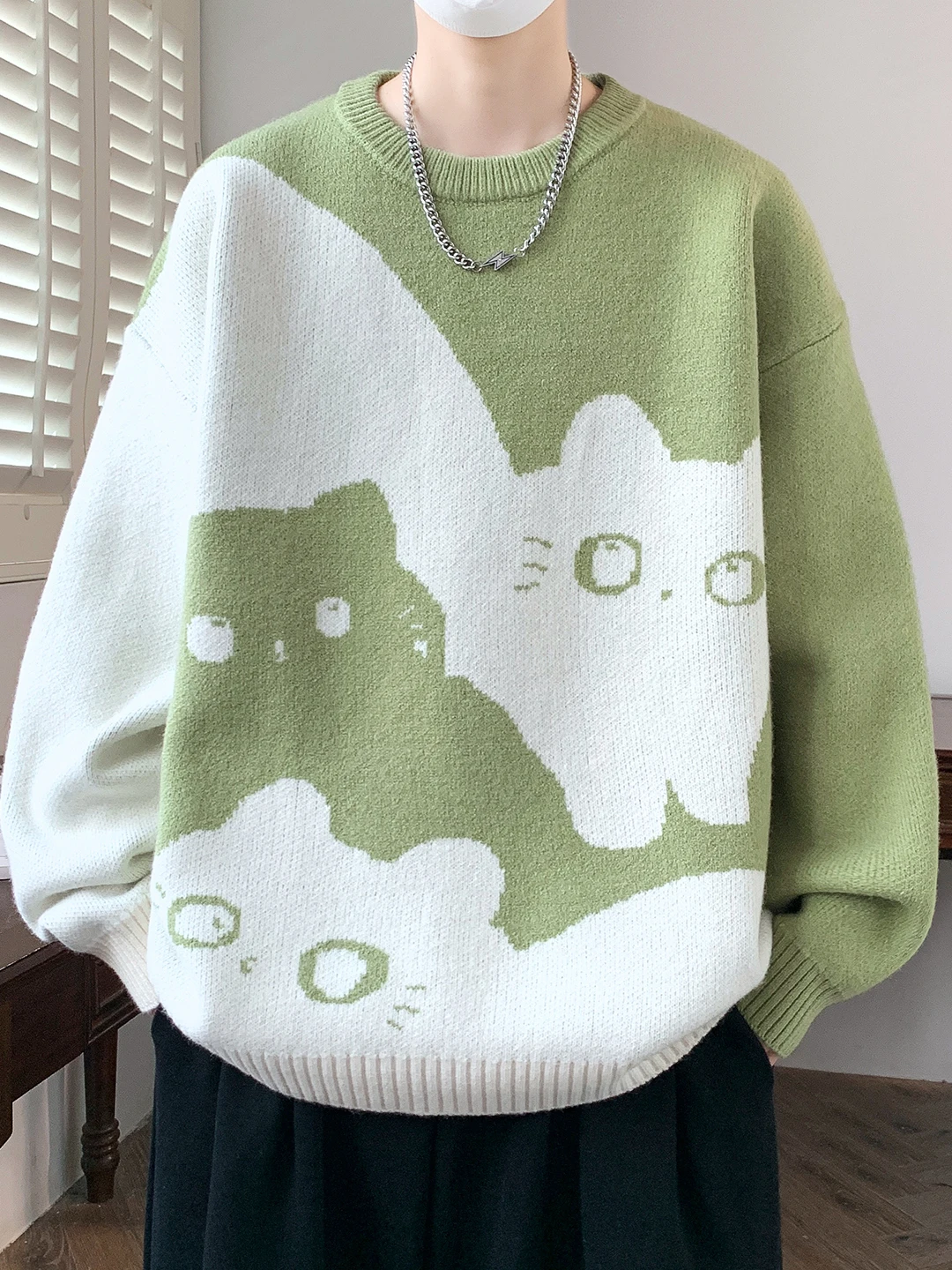 Autumn and Winter New Hot Sale Men's Black Khaki Green Loose Casual Daily Round Neck Long Sleeve Knitted Sweater